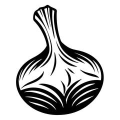 Black and white illustration of a garlic bulb with strong outlines
