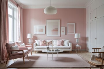 Fototapeta premium Scandinavian Minimalist Living Room in Pale Pink and White with Natural Light and Simple Furnishings