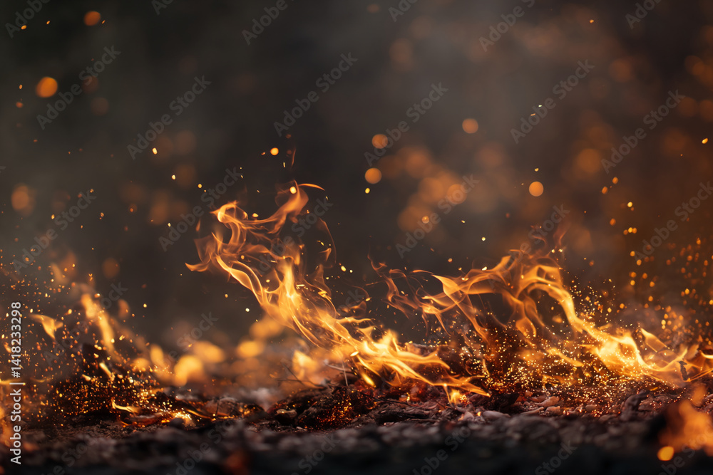 Poster orange flames and embers on dark background, sparks flying upward, creating a dynamic and intense vi