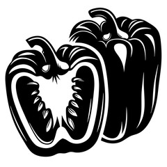 Monochrome image of a whole bell pepper and a halved bell pepper