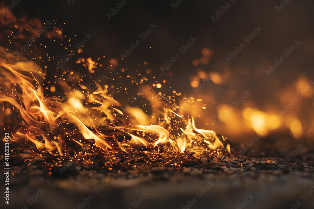 Poster orange flames and embers burning, creating a warm, intense image suitable for backgrounds or design 