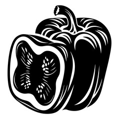 Striking Black and White Illustration of a Cut Open Bell Pepper