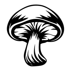 Bold black and white stylized drawing of a mushroom with visible gills