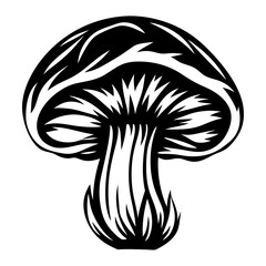 Monochrome Illustration of a Mushroom with Intricate Details and Bold Lines
