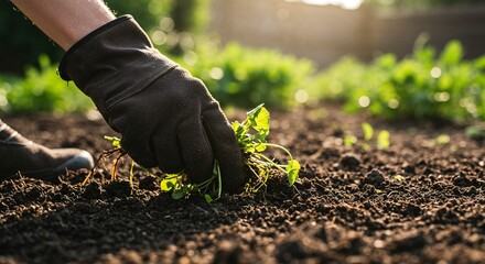 Gardener in gloves carefully pulling out weeds from rich soil during sunny day