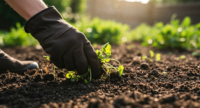Gardener in gloves carefully pulling out weeds from rich soil during sunny day