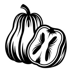 Stylized black and white illustration of a butternut squash and half squash