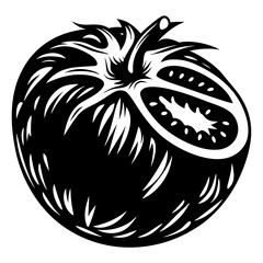 Dramatic monochrome illustration of a sliced tomato with artistic flair and style