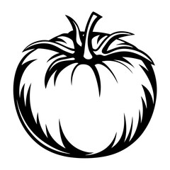 Stylized Black and White Tomato Illustration with Decorative Leaves and Stem