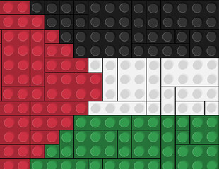 Palestine flag made from red, black, white and green toy blocks. Creative and unique design using children's toys to represent the national symbol. Suitable for educational, creativity themes