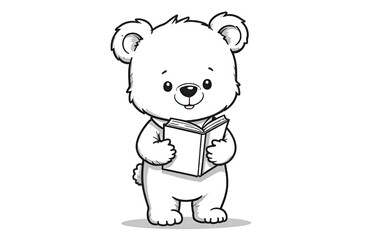 Coloring book. Linear black and white drawing. A cute teddy bear stands and reads a book. White background