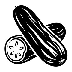 A bold illustration of fresh cucumbers, one sliced, in striking black and white
