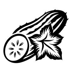 Black and white line art illustration of cucumber with slice and flower