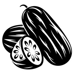 Black and white illustration of whole and sliced gourds, a simple design