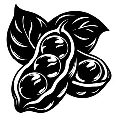 Black and White Illustration of Fresh Peas in a Pod with Leaves