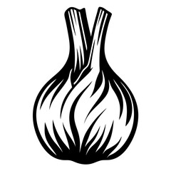 Black and white illustration of a single garlic bulb with sprouting tops