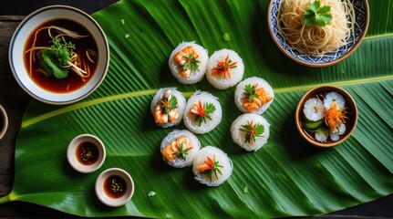 Fototapeta premium A beautifully arranged platter of Asian cuisine features sushi and shrimp on rice noodles, garnished with fresh herbs and surrounded by dipping sauces on banana leaves