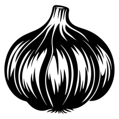 Monochrome illustration of an onion with distinct layers and rootlets details