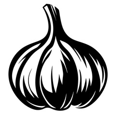 Striking graphic illustration of a single garlic bulb in black and white