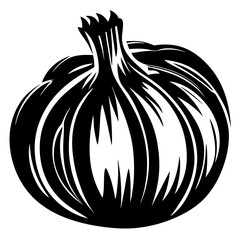 Monochrome illustration of a bulbous onion with a distinctive graphic style design