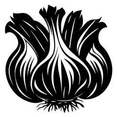 Monochrome stylized vector illustration of a garlic bulb with leaves and roots