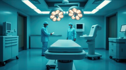 Modern medical examination room with advanced surgical table, bright overhead light, and digital monitoring devices on vibrant blue walls