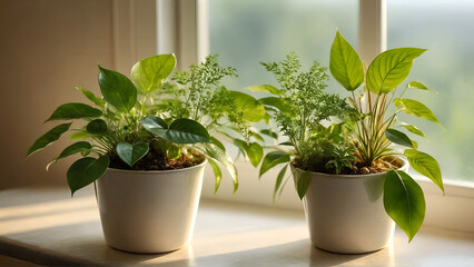 Obraz premium potted green houseplant by window, Generative AI