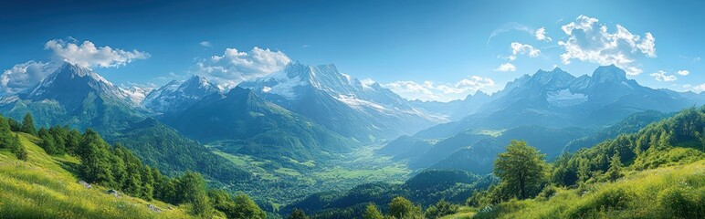 Fototapeta premium Lush green valley with mountains under a bright blue sky and clouds.