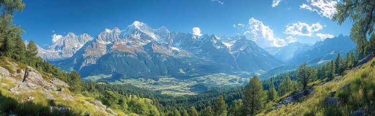 Fototapeta premium Mountain landscape with trees and a clear blue sky with some clouds.