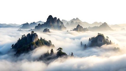 Mountain peaks emerging through clouds isolated on white background scenic landscape