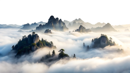 Mountain peaks emerging through clouds isolated on white background scenic landscape