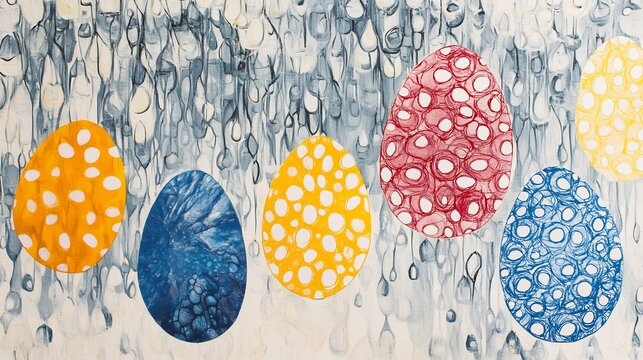 Collagraph print background of spring raindrops screen printed eggshell patterns
