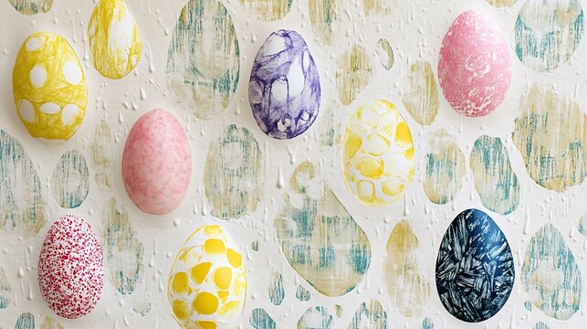 Collagraph print background of spring raindrops screen printed eggshell patterns