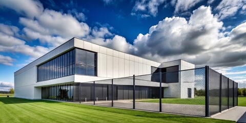 Fototapeta premium Modern Office Building with Large Windows and a Black Chain-Link Fence, Blue Sky, White Clouds, Architecture Photography, Commercial Building, Office Space