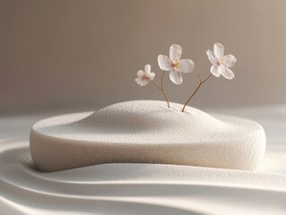Minimalist white flowers on textured podium