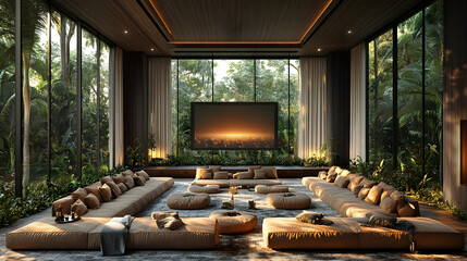 Luxurious open-plan living room. Lush jungle views
