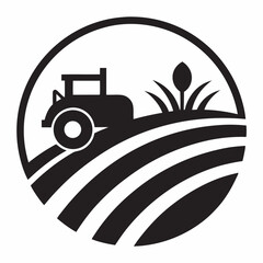 Agriculture tractor on field silhouette emblem symbol icon vector illustration