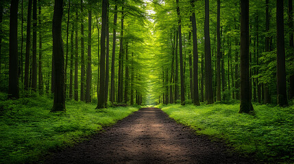 Obraz premium Woodland scene showing a dirt pathway through tall trees lined with green foliage a beam of light at the end of the tu