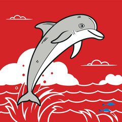 Leaping Dolphin Cartoon with White Outlines on Red Backdrop Design