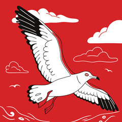 Minimalist Seagull Flying with White Clouds, Red Sky and Sea, Design