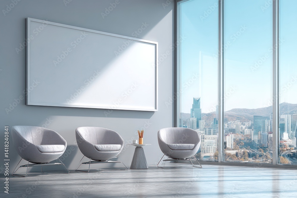 Poster modern waiting area with blank frame and city view from window