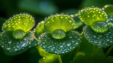 Dewy green leaves glisten in sunlight Water droplets cover the leaf surface creating sparkling highlights Translucent