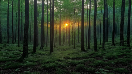 Naklejka premium Dense forest scene with tall trees and bright sunlight piercing through the canopy onto the lush ground covering