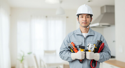 Confident Asian Technician Holding Repair Tools, Close-up Portrait for Home Maintenance Services, Website and Social Media Content