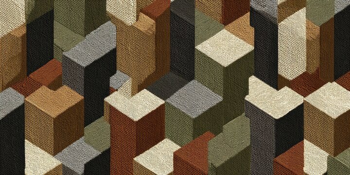 A textured geometric pattern of building-block shapes in earth tones creating an abstract urban landscape appearance, with shadow and light