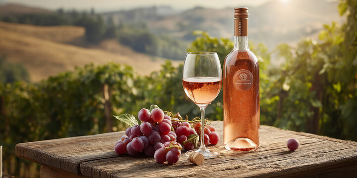 Rose wine bottle and glass on rustic wooden table, grapes nearby, vineyard background, showcasing wine tasting concept