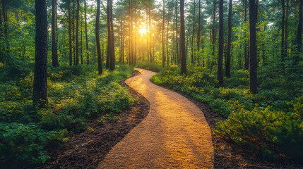 Fototapeta premium Winding path through a vibrant forest with sunbeams filtering through the trees creating a warm and inviting atmosphere