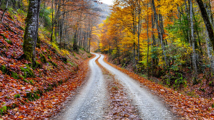 Obraz premium Autumn Forest Road With Colorful Leaves