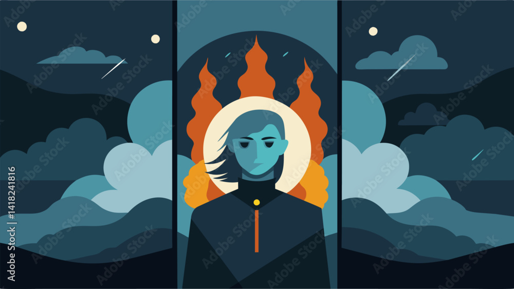 Aufkleber a triptych painting of a person surrounded by dark storm clouds but with a glimmer of light shining 