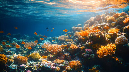 Naklejka premium An underwater scene featuring a vibrant coral reef teeming with colorful coral formations and several small fish swimmi